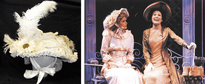 Corey Stram crafted the hat decoration for Anne’s costume in  A Little Night Music. With a costume designer’s approval he selected Ostrich feathers,  silk flowers, lace trim and ribbon and attached these materials with needle and thread. 
